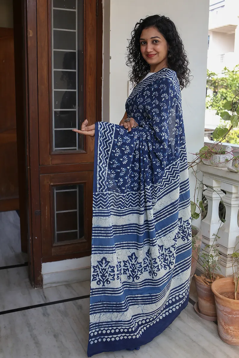 Indigo Muse - Dabu Hand Block Print Mulmul Cotton Bagru Saree - Image 6