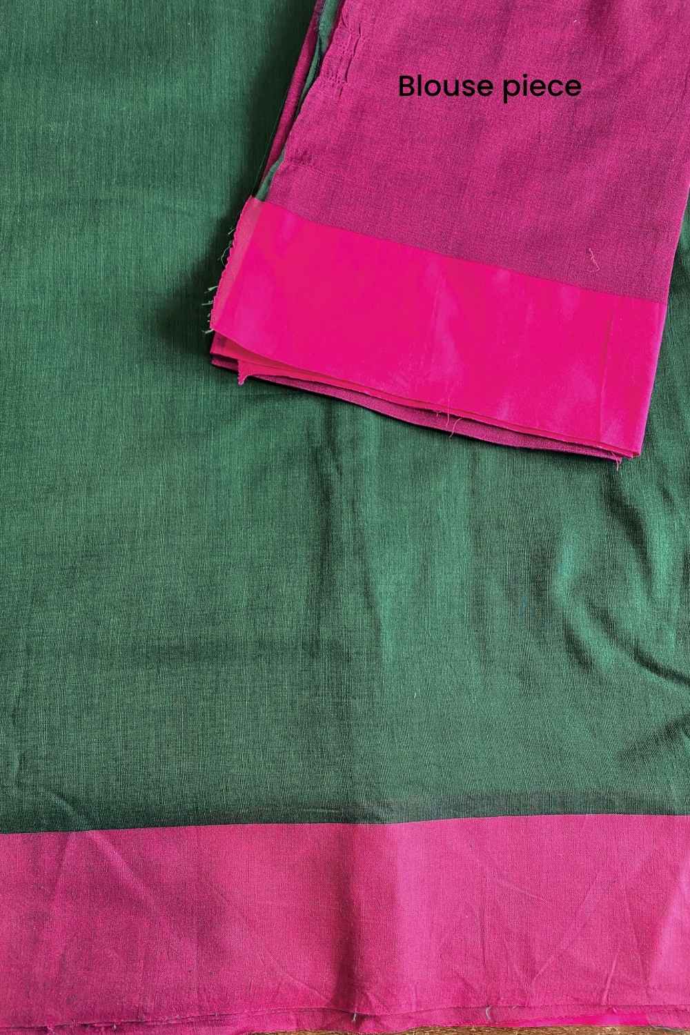 Emerald & Pink Handwoven Pure Mulmul Cotton Saree - Image 7