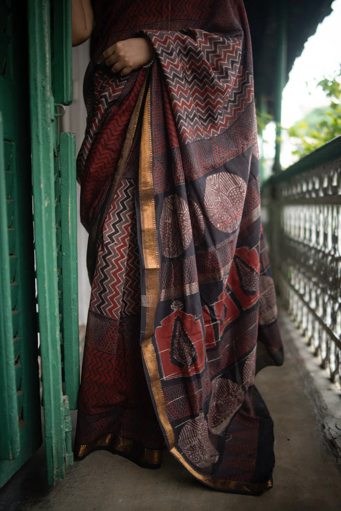Fired Clay - Hand Block Printed Silk Cotton Maheshwari Saree - Image 3