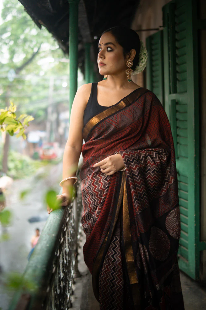 Fired Clay - Hand Block Printed Silk Cotton Maheshwari Saree - Image 4