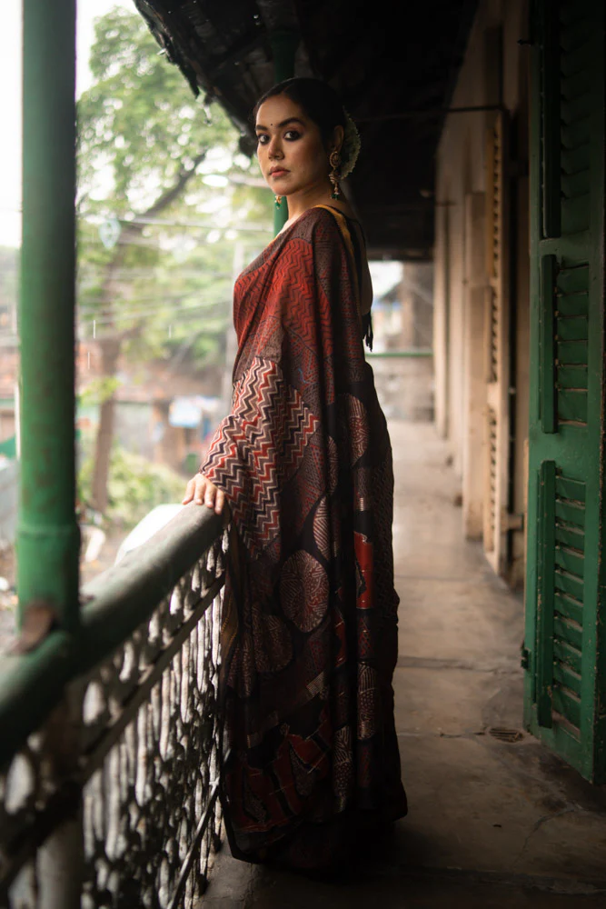 Fired Clay - Hand Block Printed Silk Cotton Maheshwari Saree - Image 5