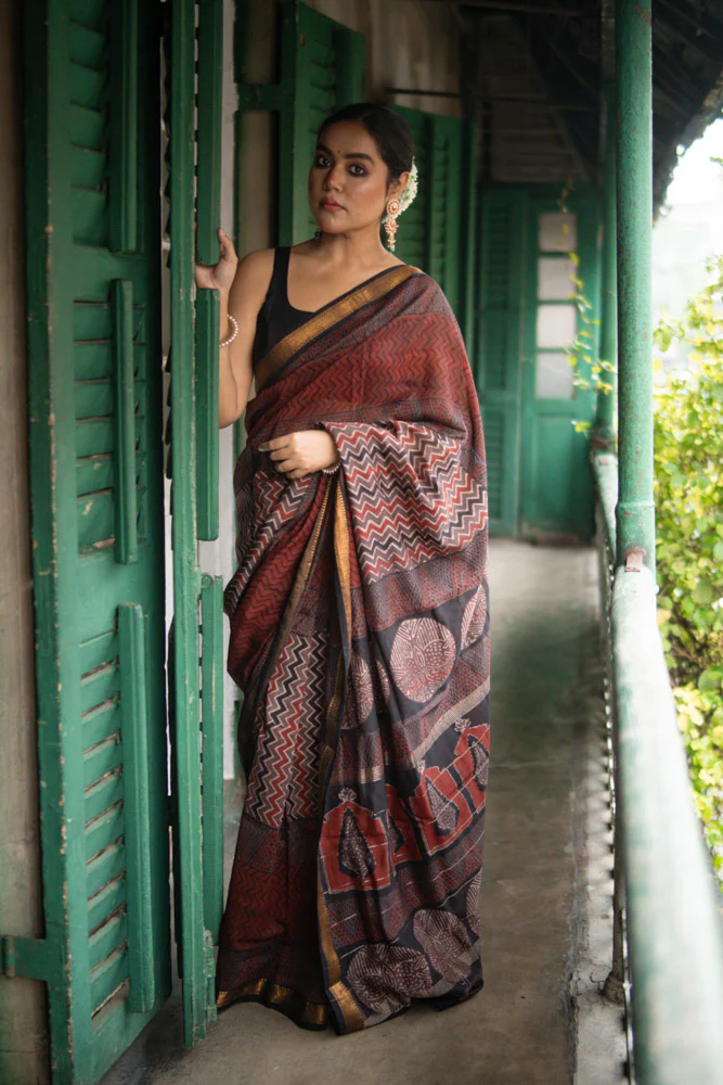 Fired Clay - Hand Block Printed Silk Cotton Maheshwari Saree - Image 6