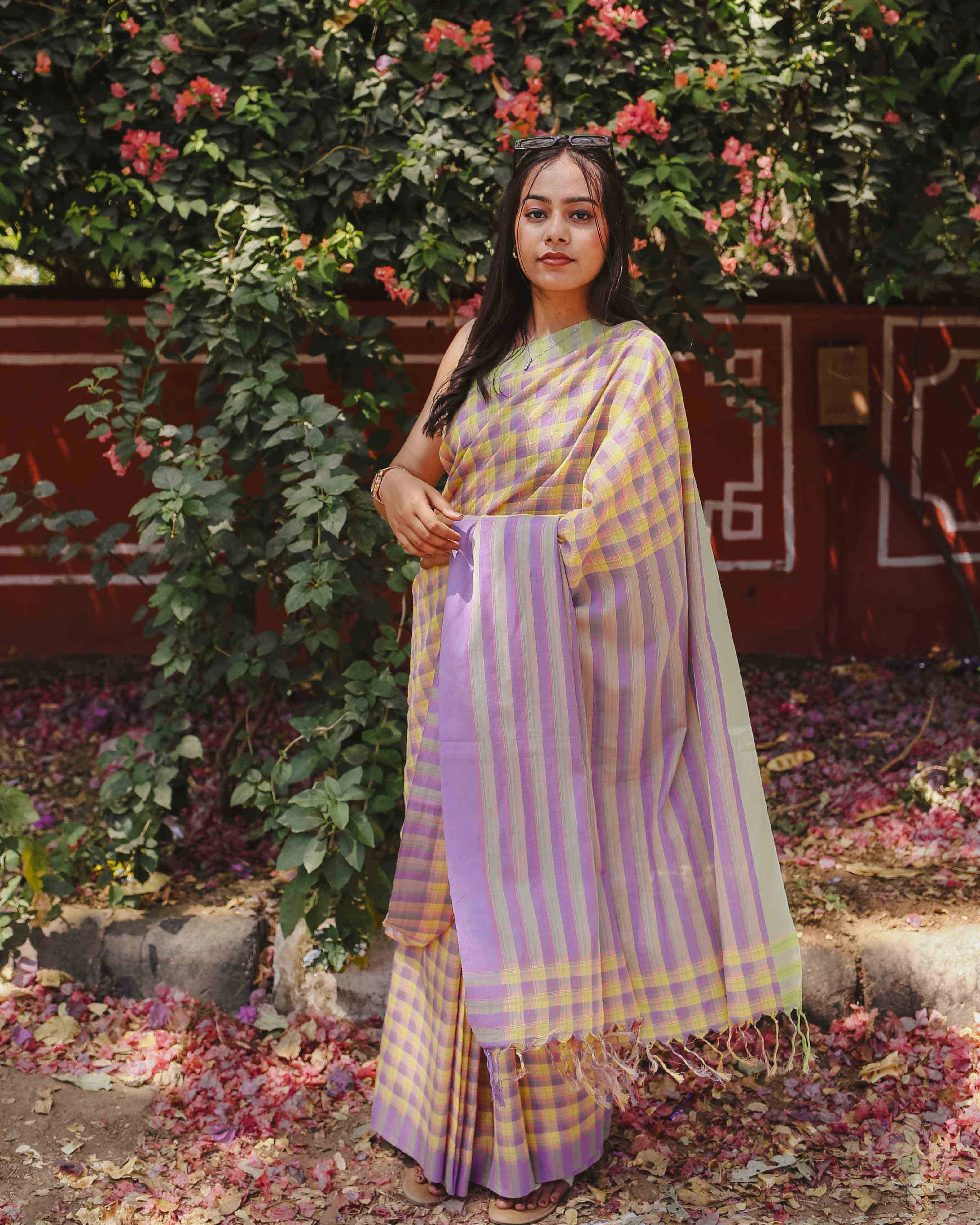 First Light - Lavender & Yellow Checked Organic Cotton Saree - Image 3