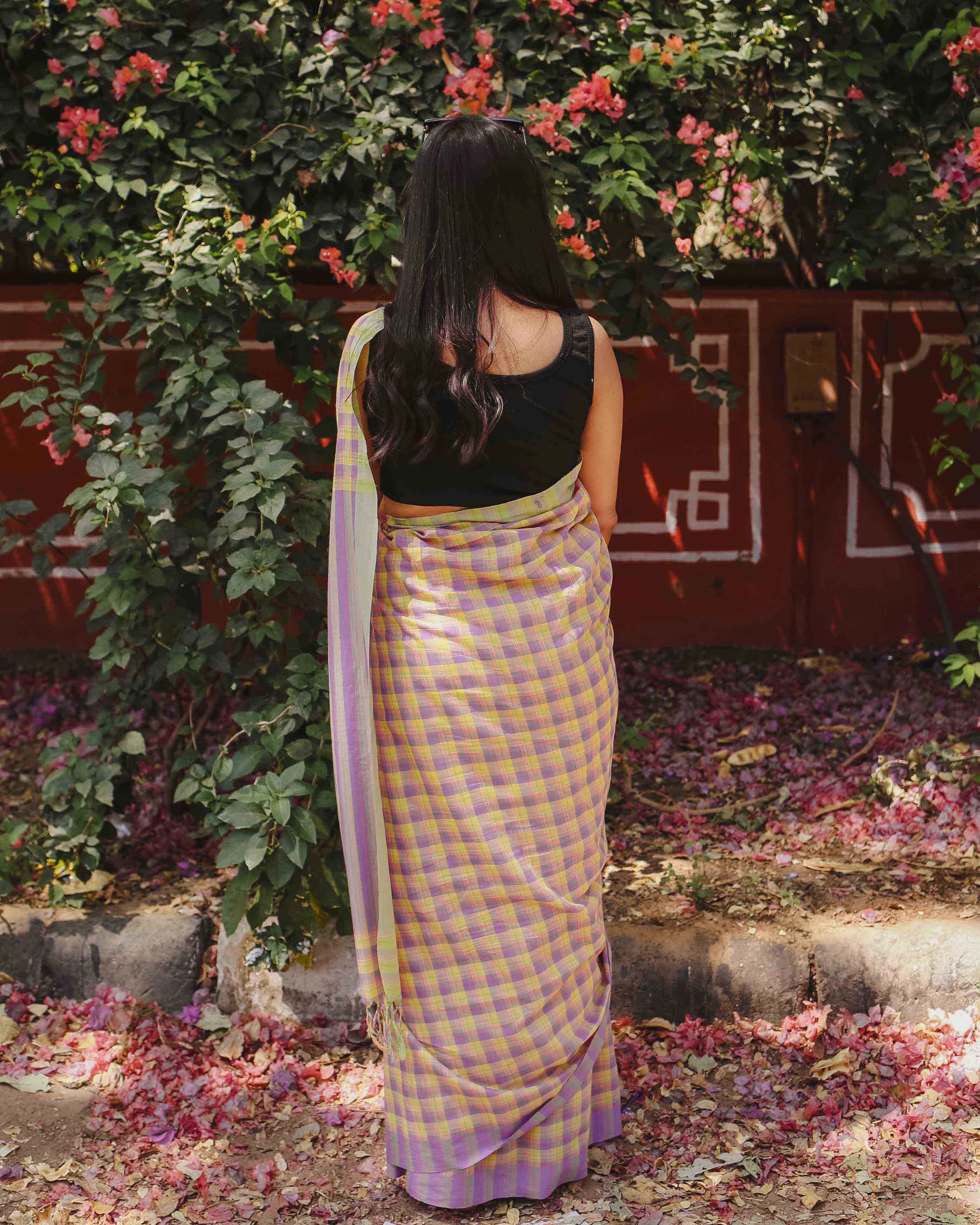 First Light - Lavender & Yellow Checked Organic Cotton Saree - Image 4