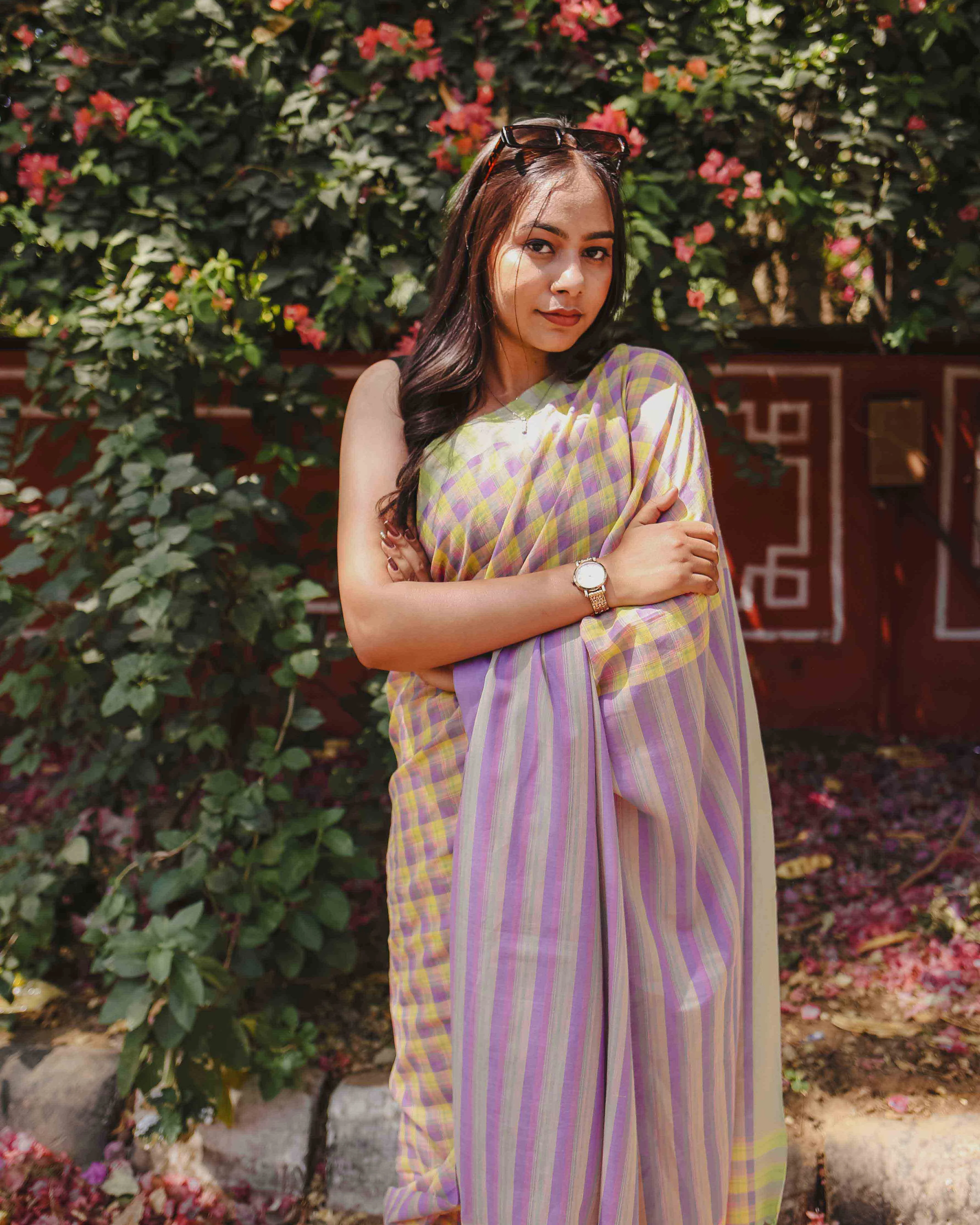 First Light - Lavender & Yellow Checked Organic Cotton Saree - Image 5