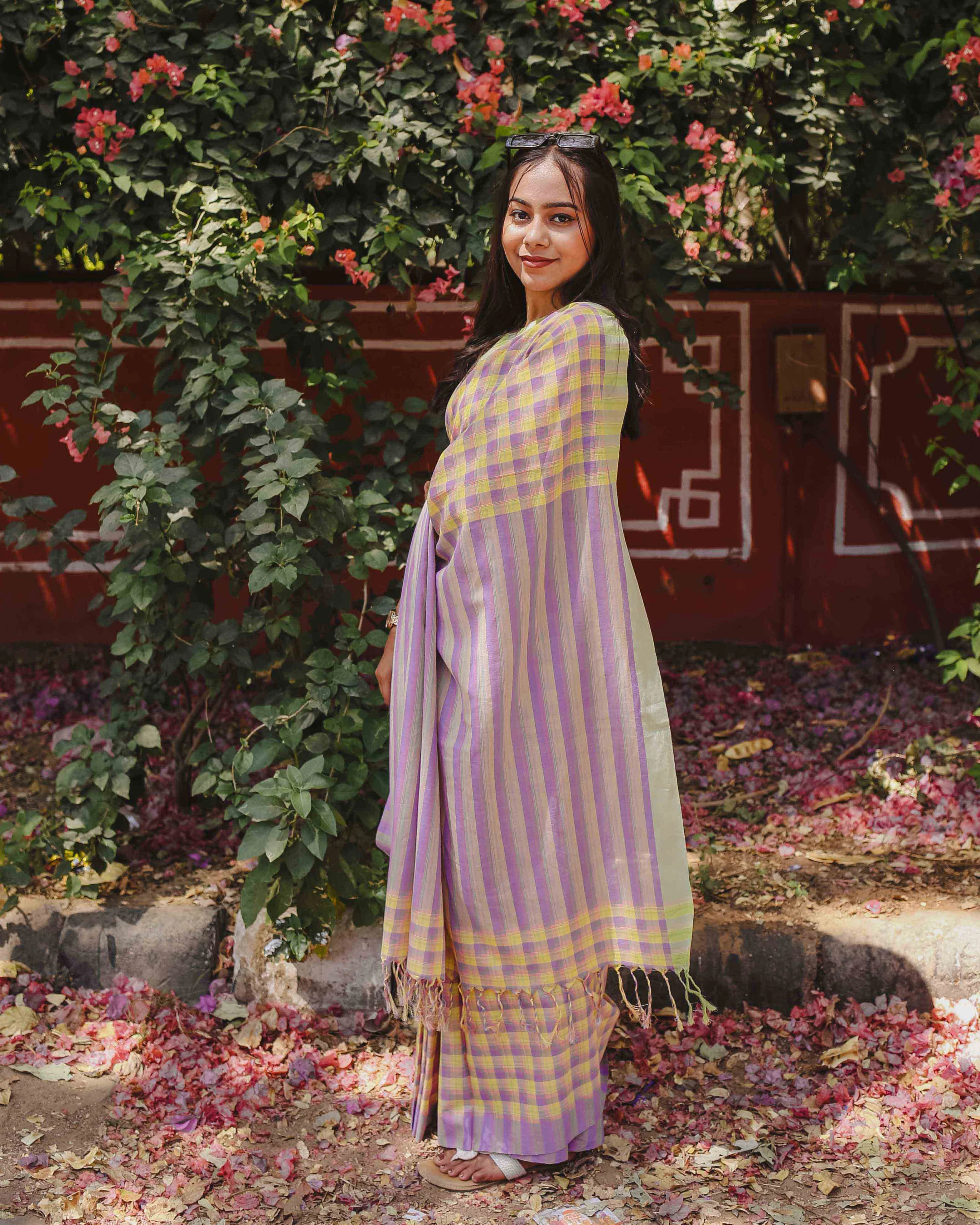 First Light - Lavender & Yellow Checked Organic Cotton Saree - Image 6