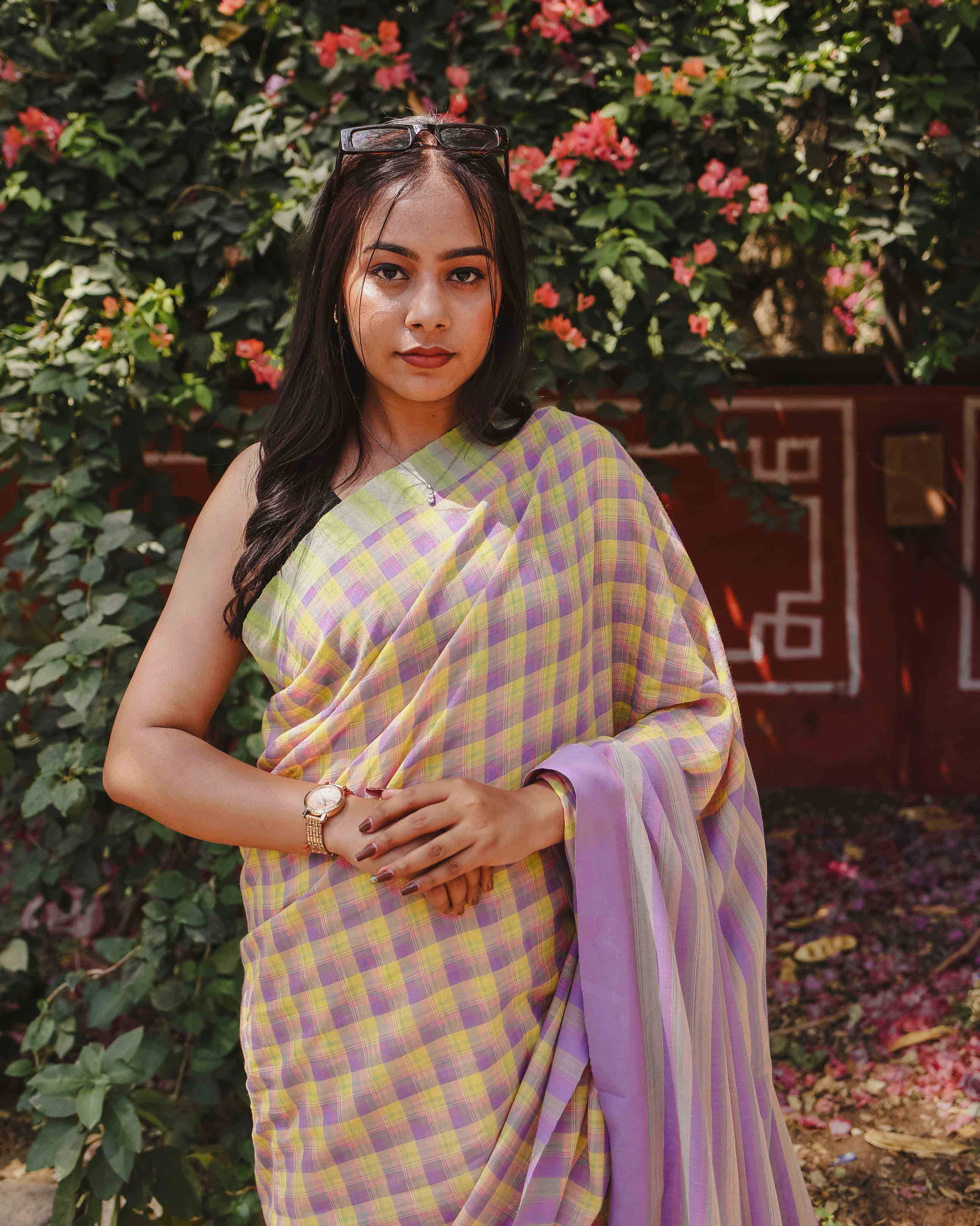 First Light - Lavender & Yellow Checked Organic Cotton Saree - Image 7