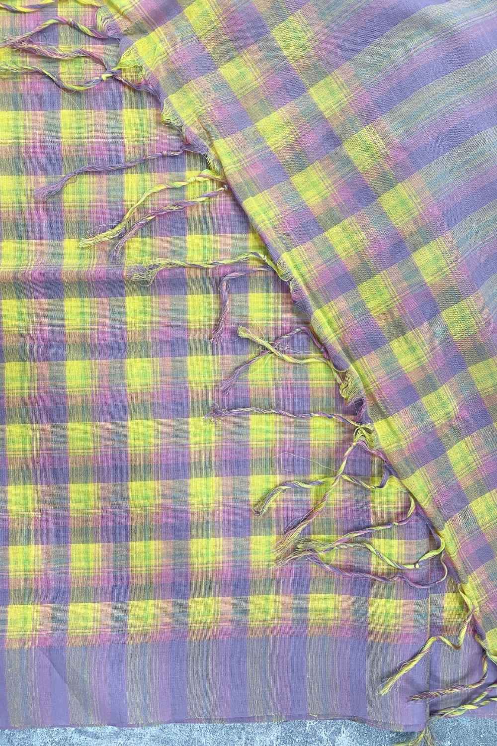 First Light - Lavender & Yellow Checked Organic Cotton Saree - Image 8