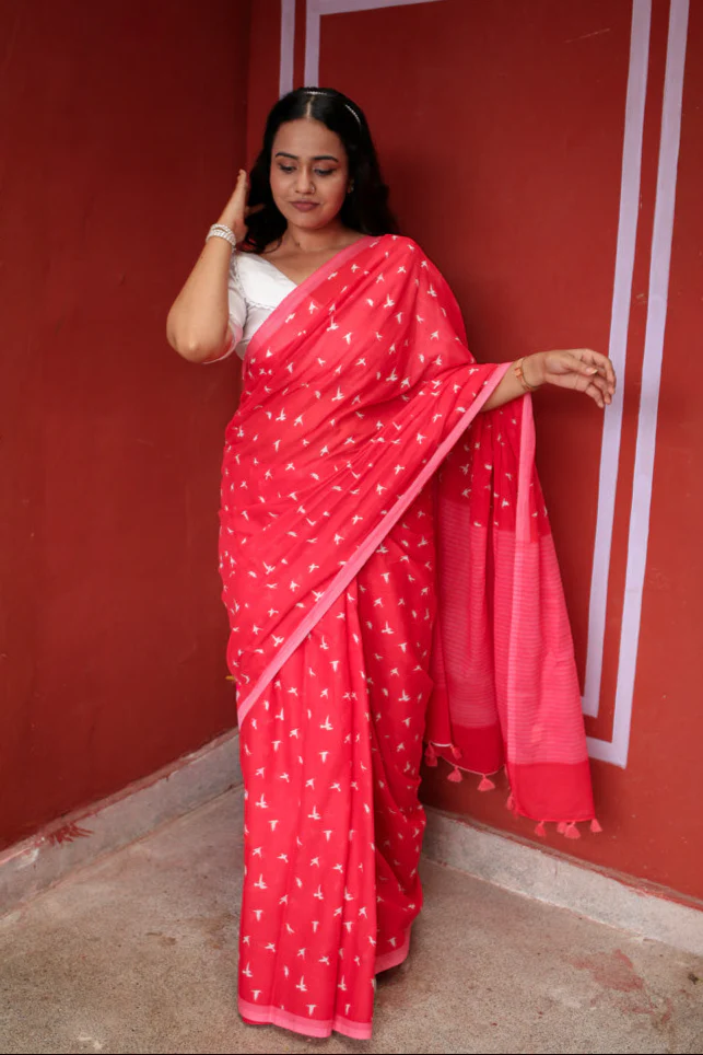 Forget me Not Printed Mulmul Cotton Saree - Image 3