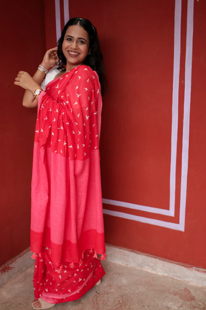 Forget me Not Printed Mulmul Cotton Saree - Image 4