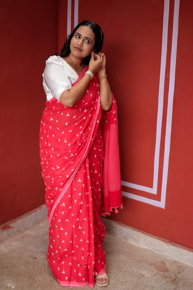 Forget me Not Printed Mulmul Cotton Saree - Image 6