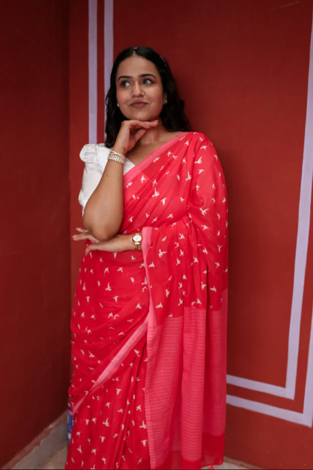 Forget me Not Printed Mulmul Cotton Saree - Image 9