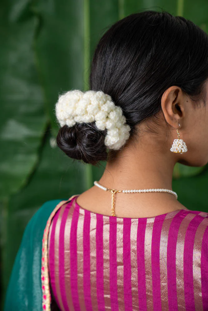 Crochet Flower Gajra Scrunchie Handmade White - Image 3