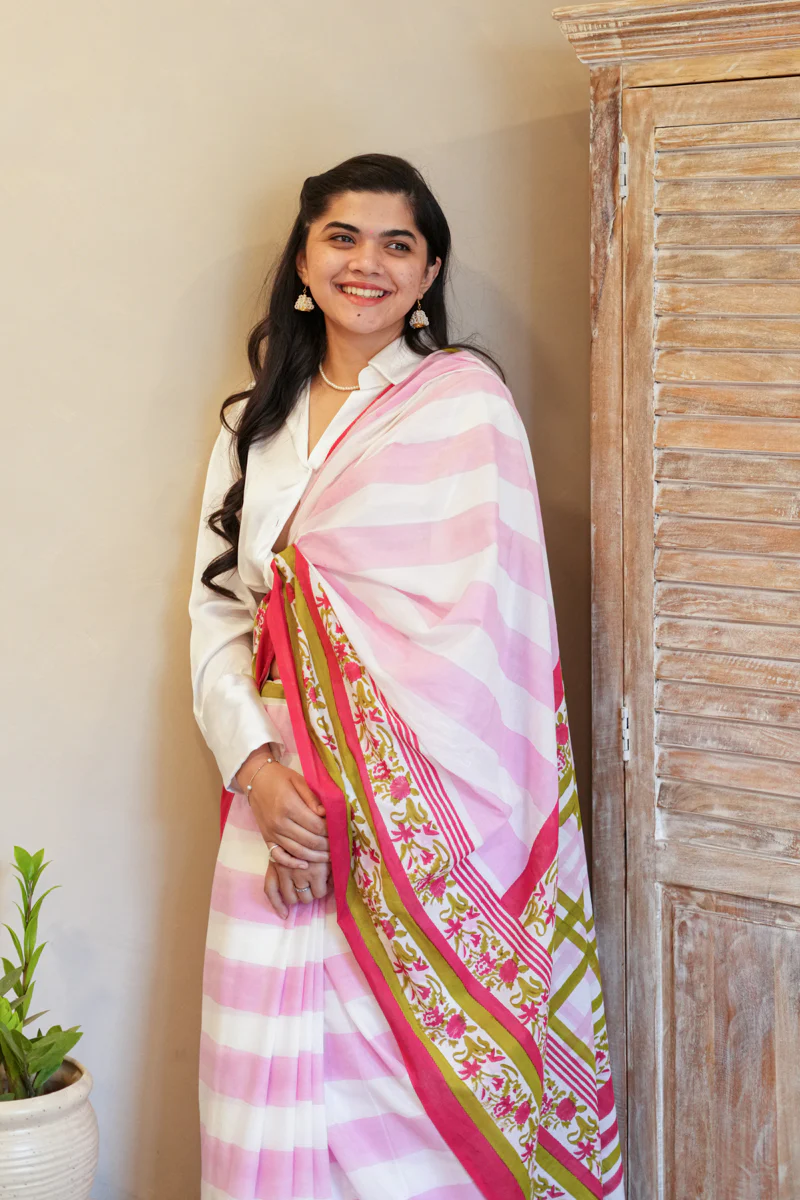 Garden of Grace Hand Block Print Mulmul Cotton Saree - Image 4