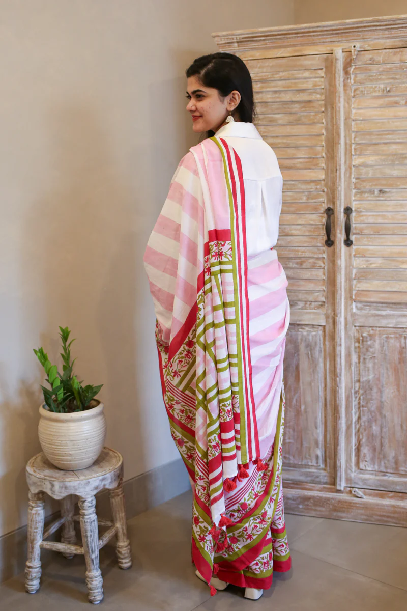 Garden of Grace Hand Block Print Mulmul Cotton Saree - Image 7