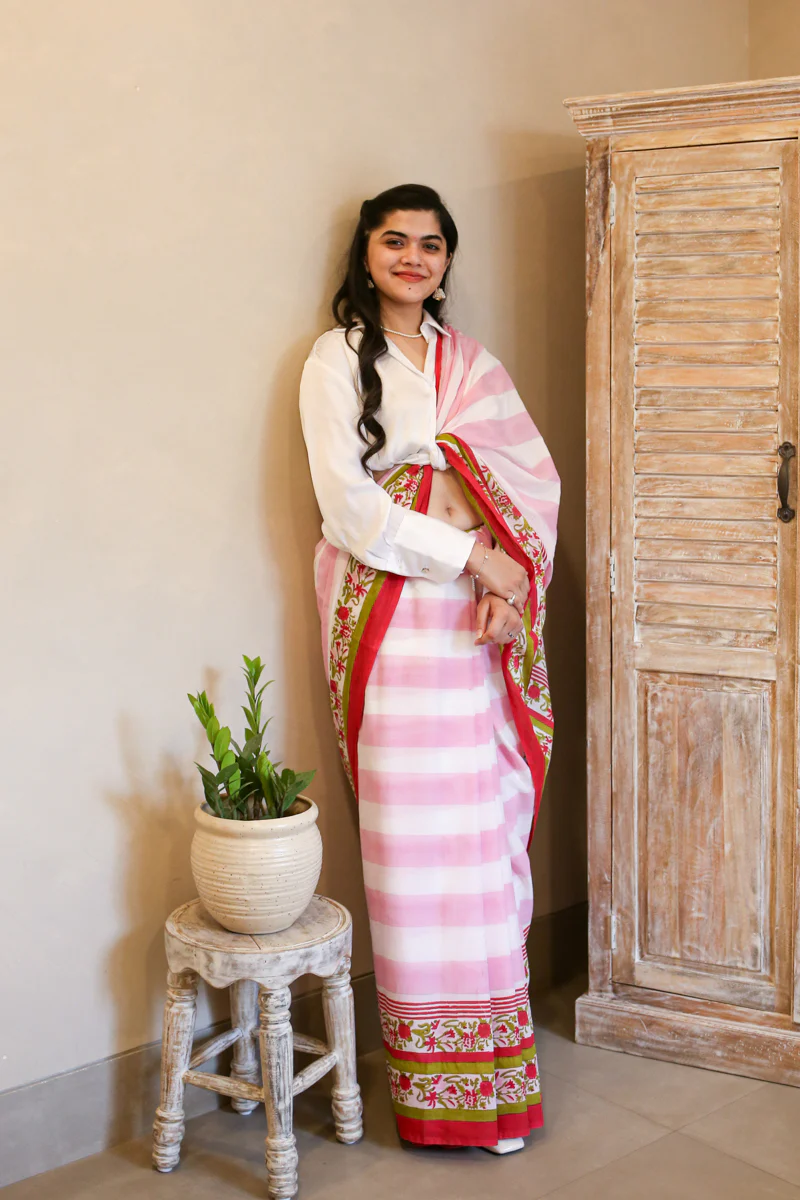 Garden of Grace Hand Block Print Mulmul Cotton Saree - Image 5