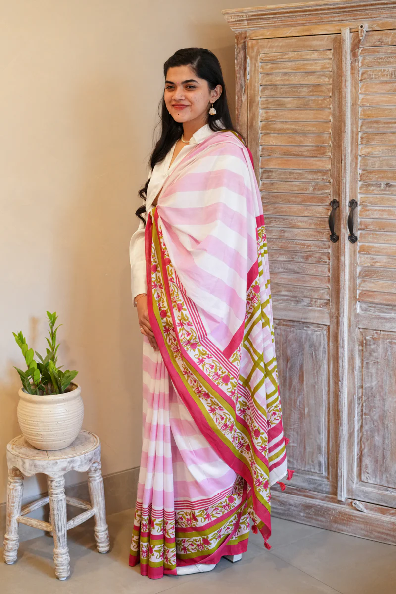 Garden of Grace Hand Block Print Mulmul Cotton Saree - Image 3