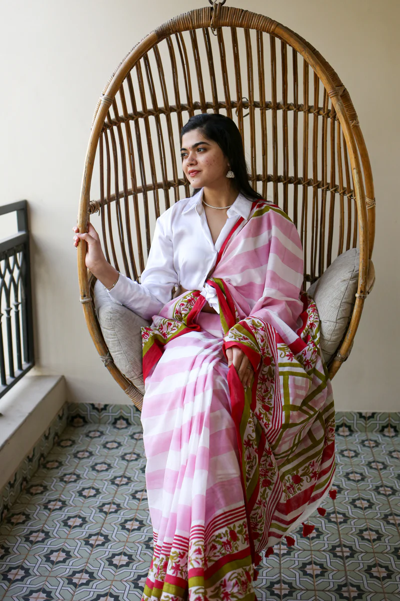 Garden of Grace Hand Block Print Mulmul Cotton Saree - Image 6