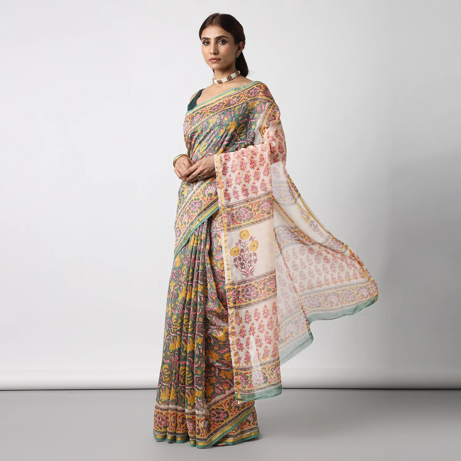 Garden of Secrets - Hand Block Print Chanderi Silk Saree - Image 3