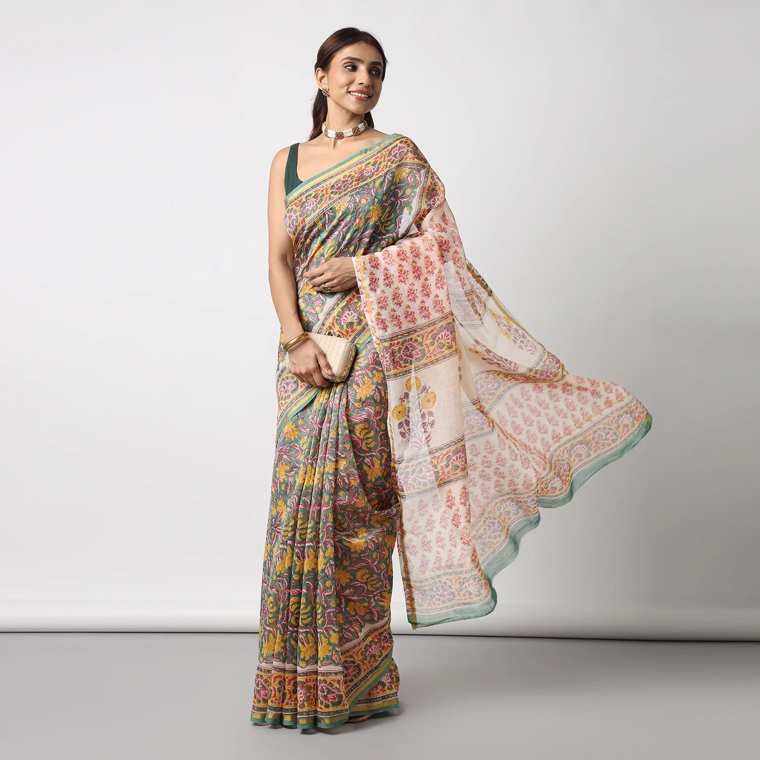 Garden of Secrets - Hand Block Print Chanderi Silk Saree - Image 4