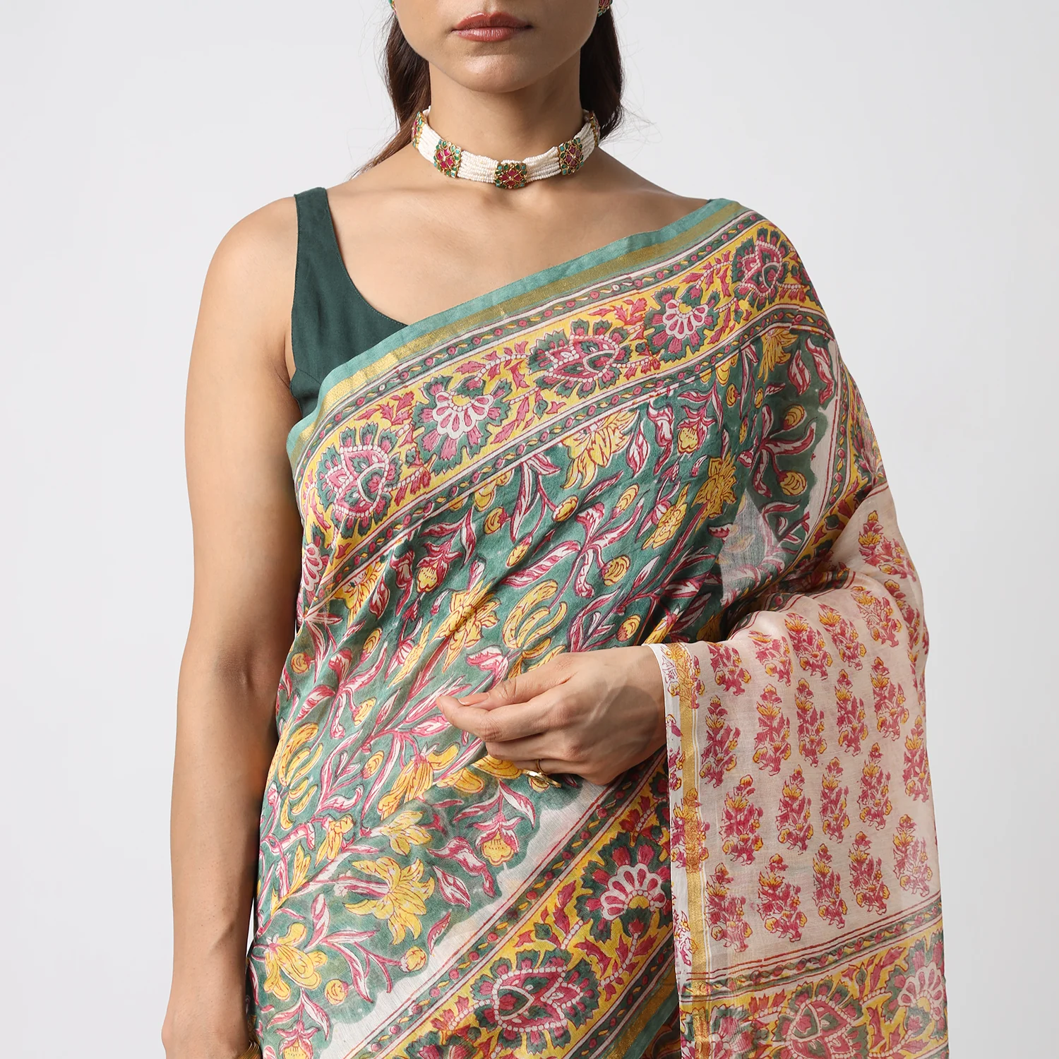 Garden of Secrets - Hand Block Print Chanderi Silk Saree - Image 6