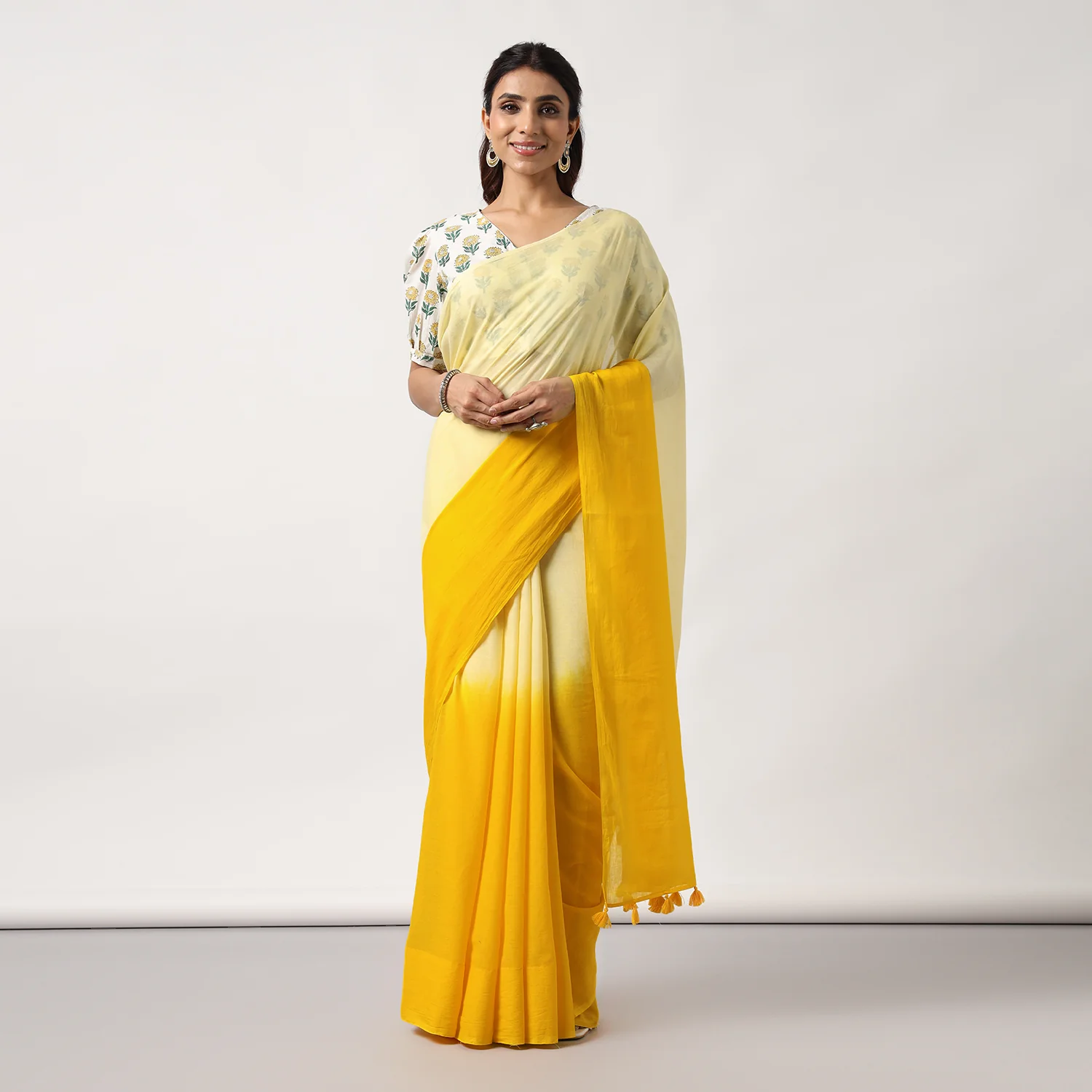Golden Hour - Yellow Ombre Hand Dyed Mulmul Cotton Saree - Image 4