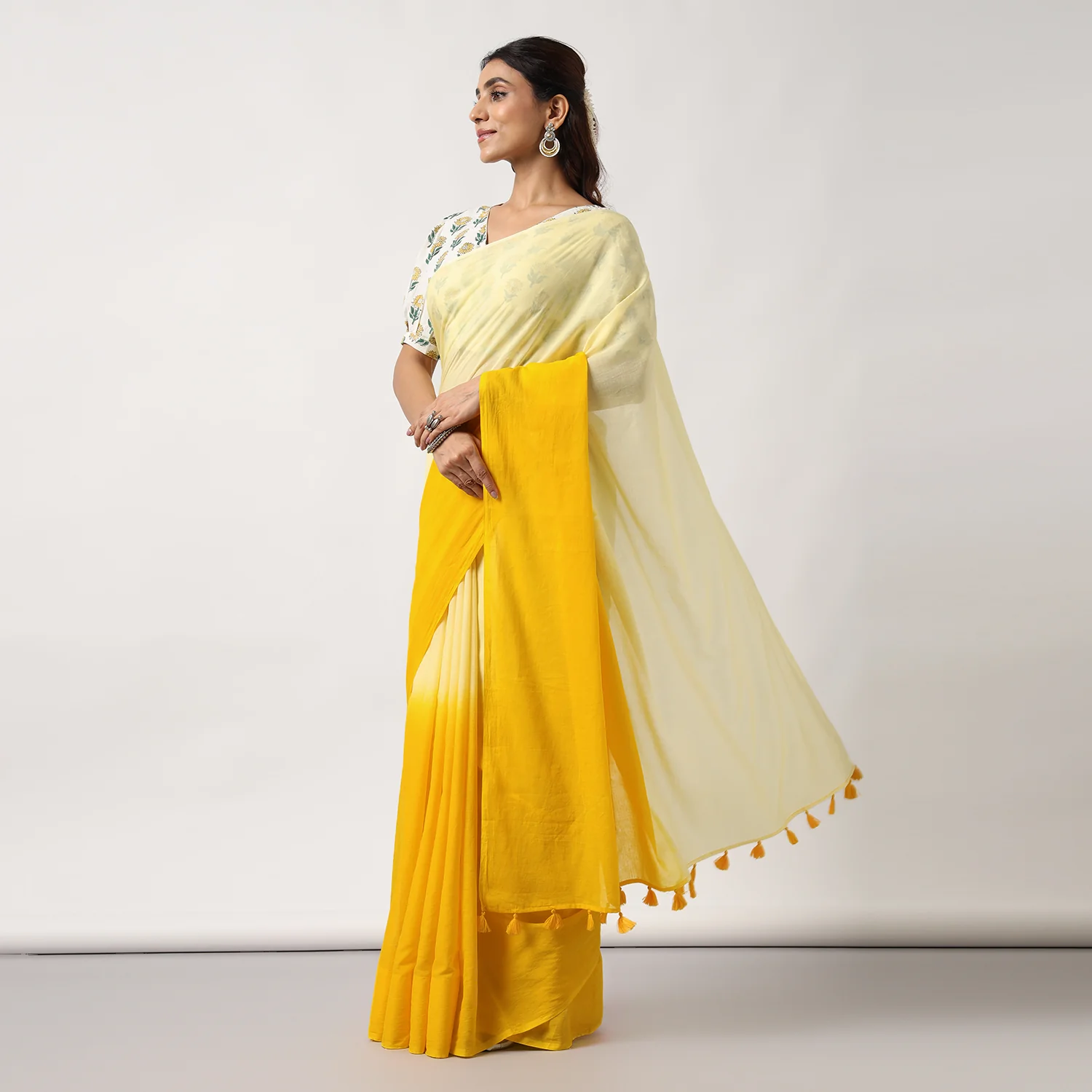 Golden Hour - Yellow Ombre Hand Dyed Mulmul Cotton Saree - Image 6