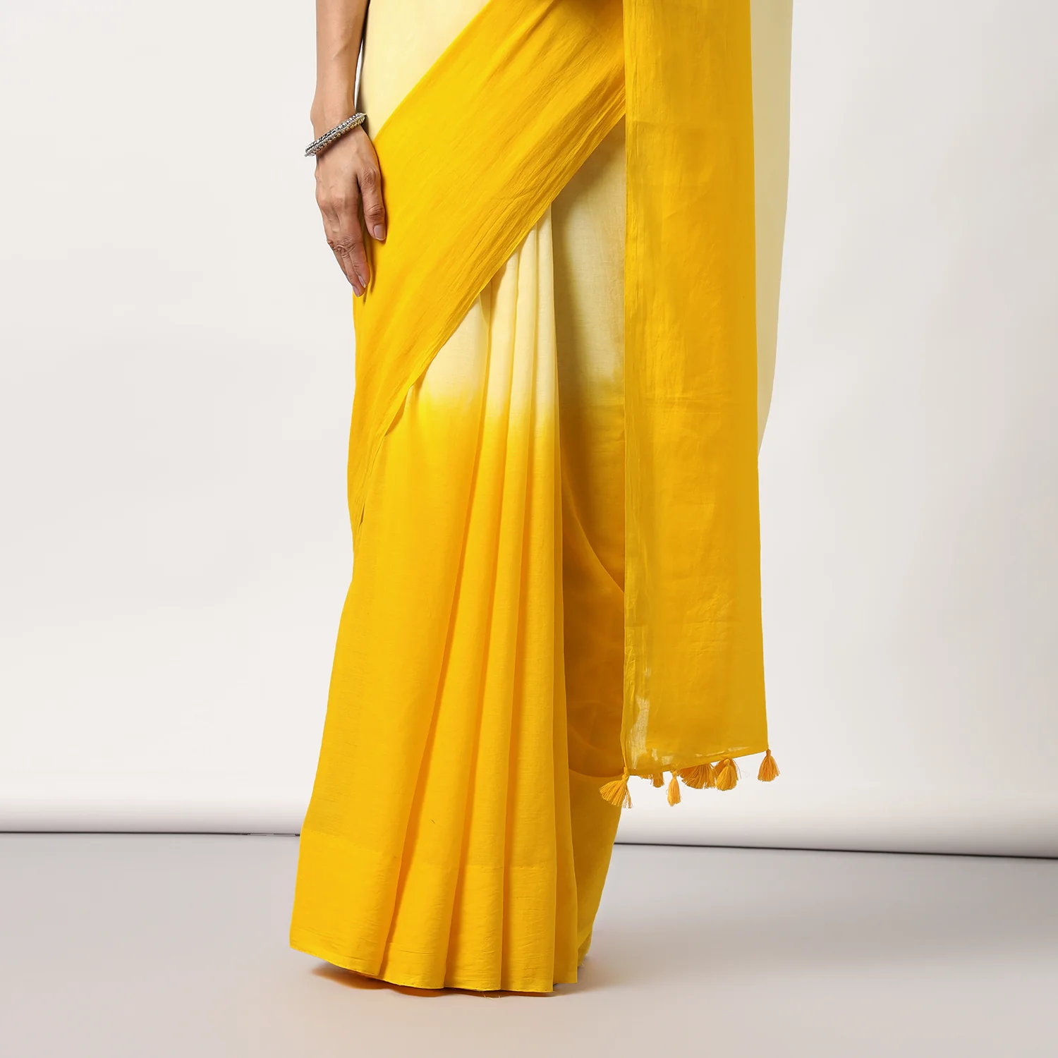 Golden Hour - Yellow Ombre Hand Dyed Mulmul Cotton Saree - Image 9