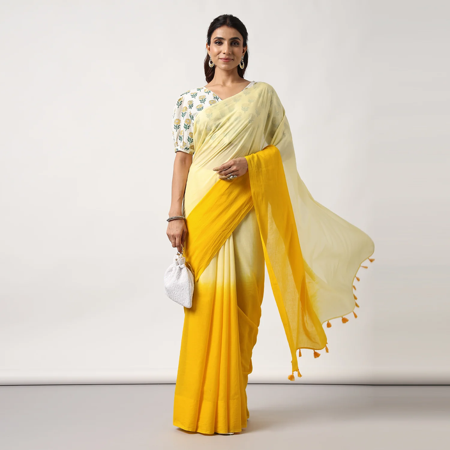 Golden Hour - Yellow Ombre Hand Dyed Mulmul Cotton Saree - Image 3