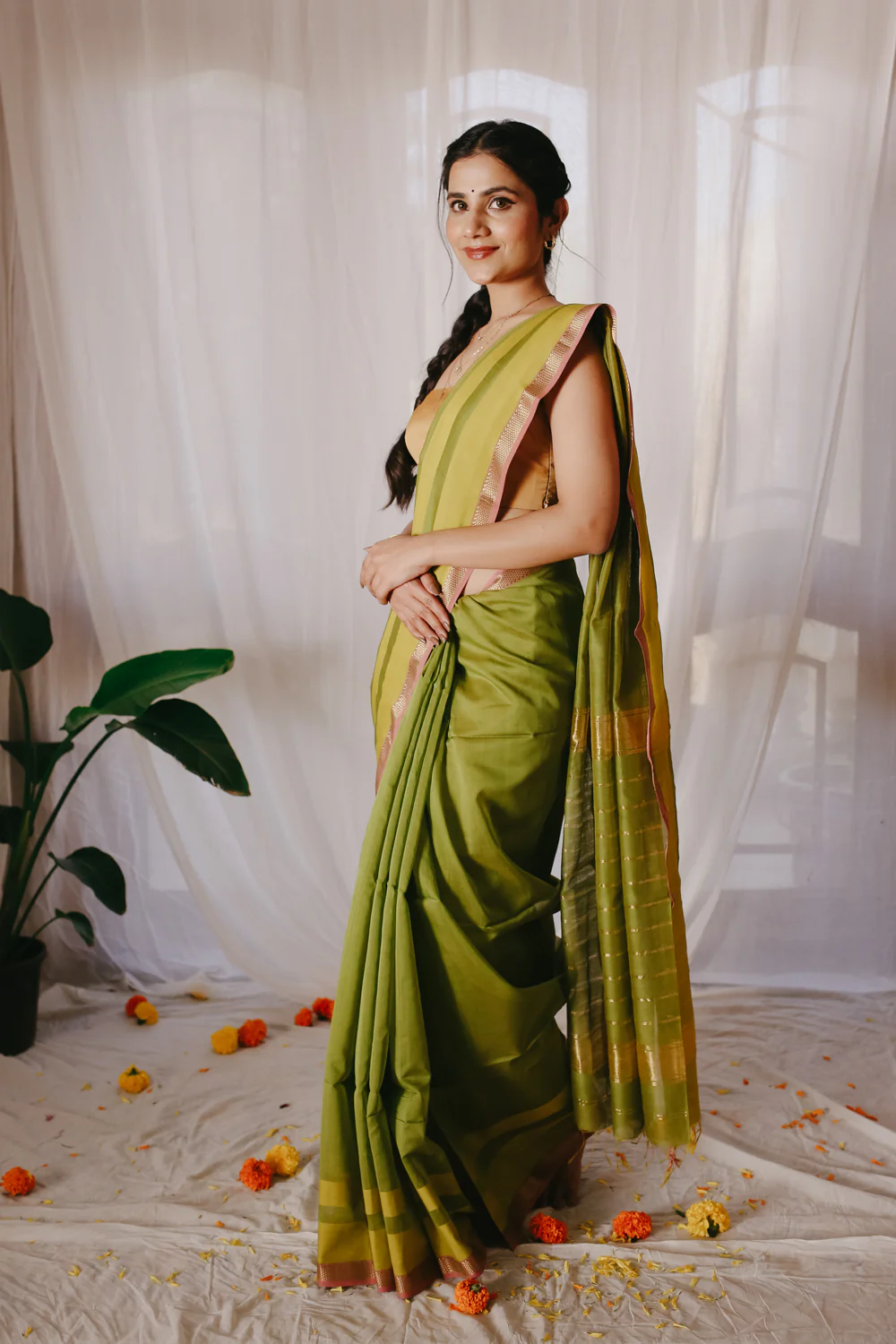 Green Pure Silk Cotton Maheshwari Saree - Image 3