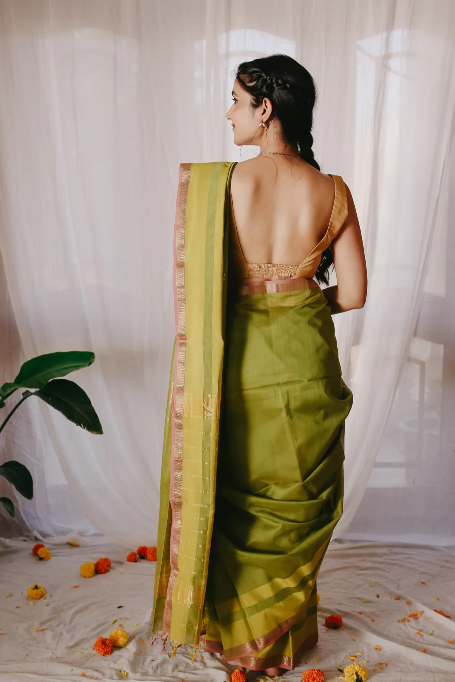 Green Pure Silk Cotton Maheshwari Saree - Image 4