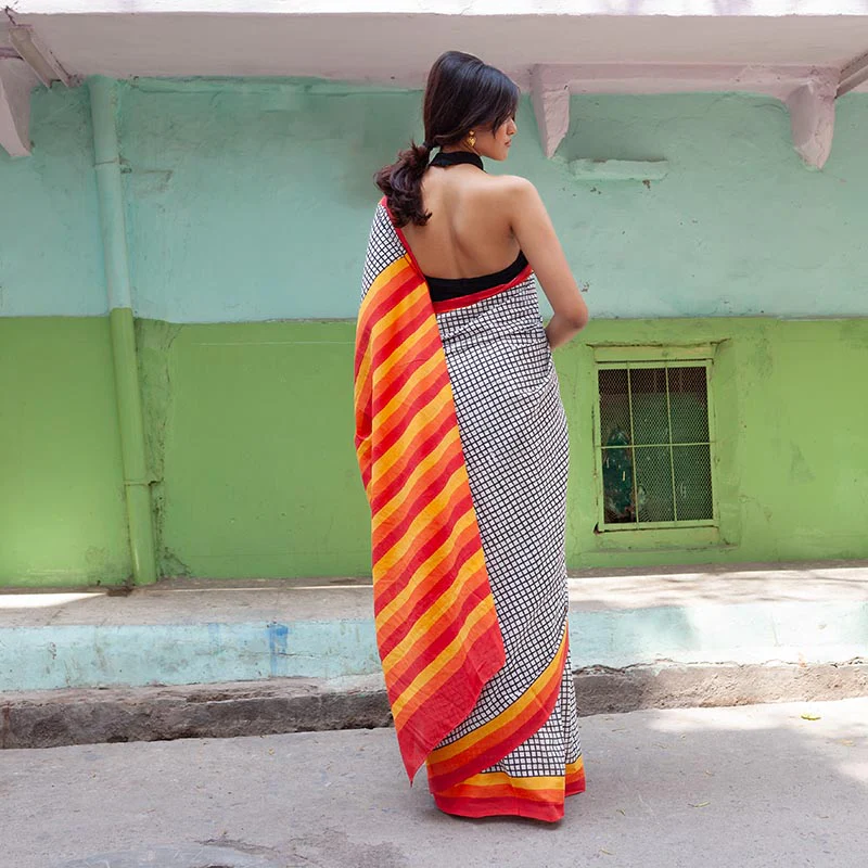 Haseena Hand Block Print Mul Mul Cotton Saree - Image 3