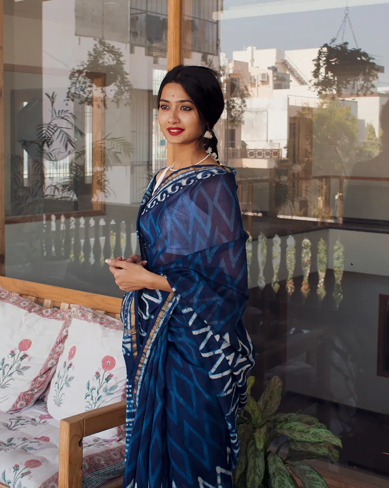 Heer - Indigo Dabu Hand Block Print Chanderi Silk Saree - Image 4