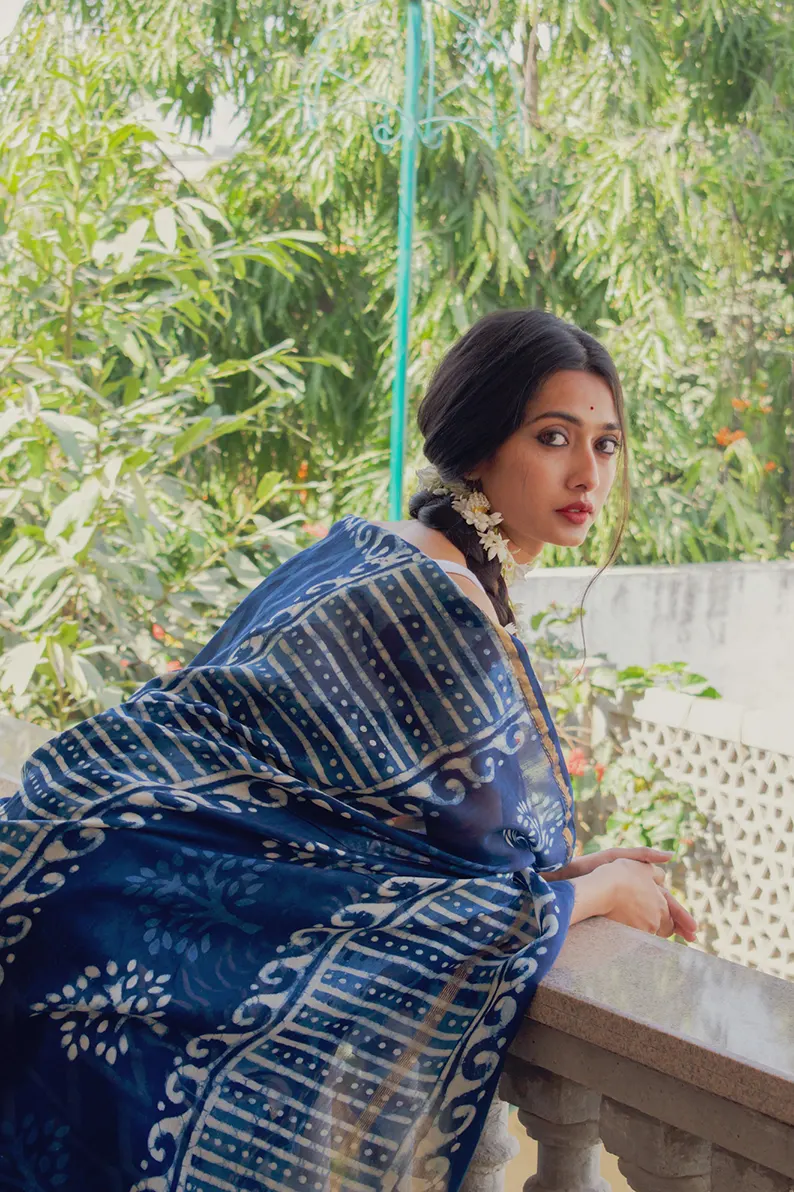 Heer - Indigo Dabu Hand Block Print Chanderi Silk Saree - Image 5