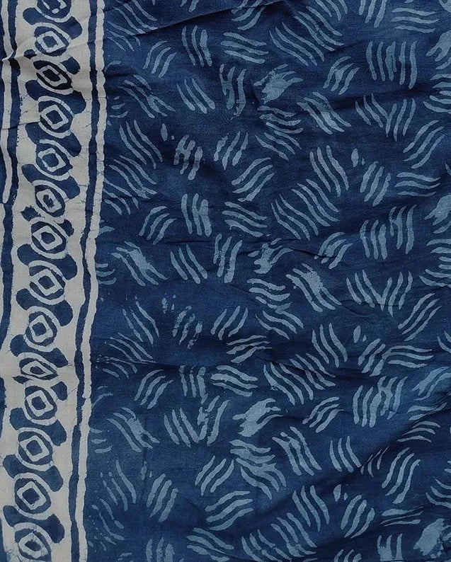 Indigo Bouquet - Dabu Hand Block Print Mulmul Cotton Bagru Saree - Image 10