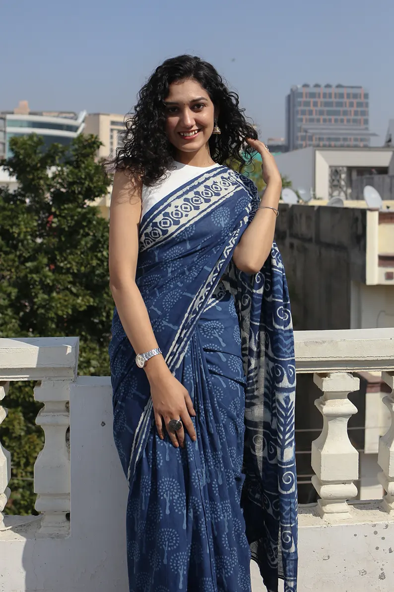 Indigo Bouquet - Dabu Hand Block Print Mulmul Cotton Bagru Saree - Image 3