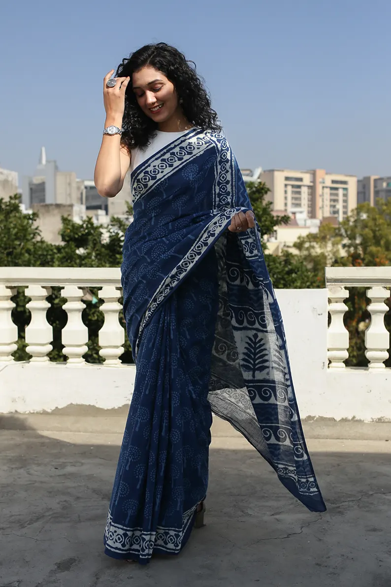 Indigo Bouquet - Dabu Hand Block Print Mulmul Cotton Bagru Saree - Image 5