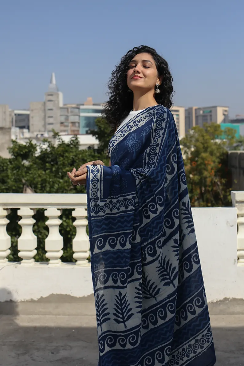 Indigo Bouquet - Dabu Hand Block Print Mulmul Cotton Bagru Saree - Image 6