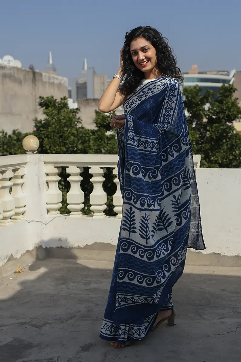 Indigo Bouquet - Dabu Hand Block Print Mulmul Cotton Bagru Saree - Image 7