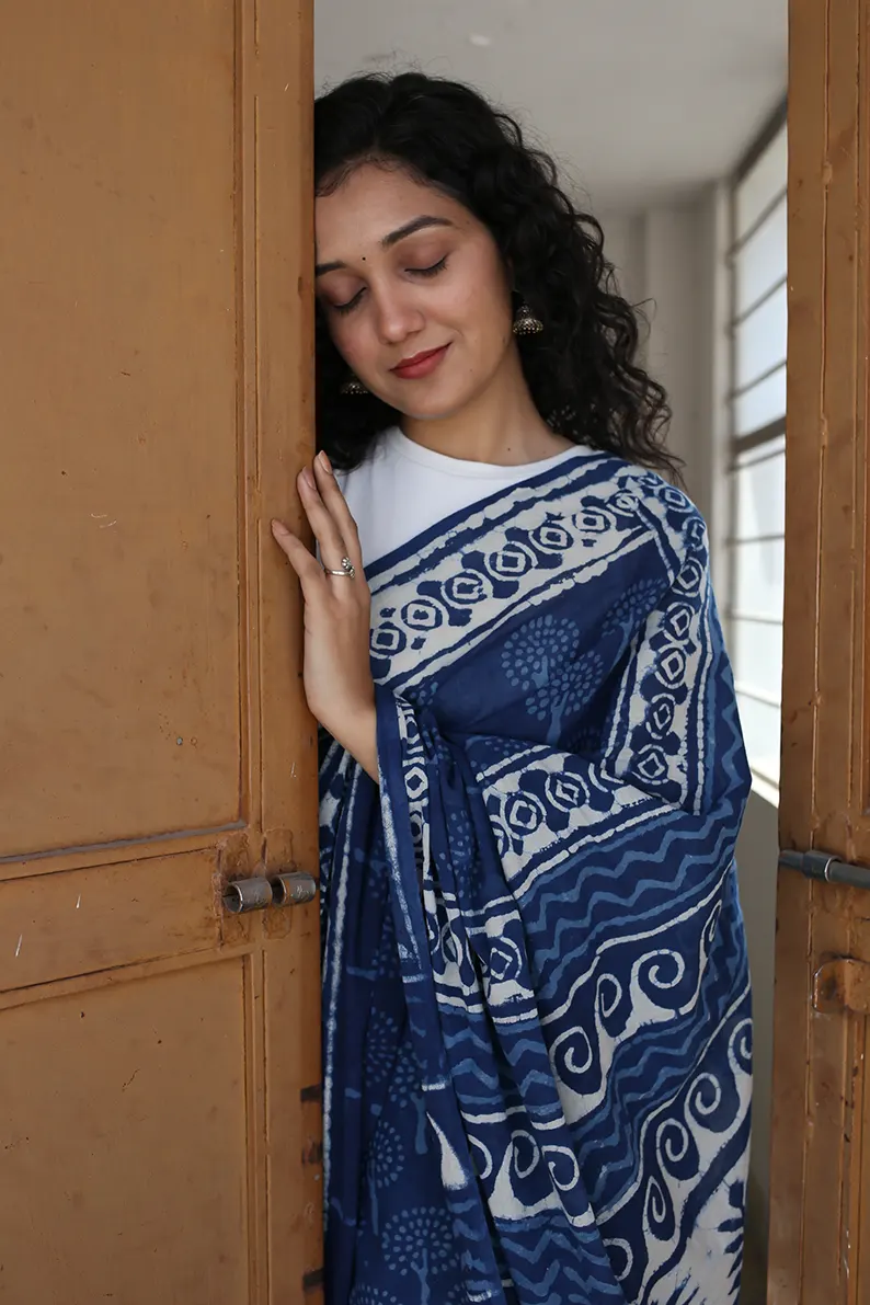 Indigo Bouquet - Dabu Hand Block Print Mulmul Cotton Bagru Saree - Image 8