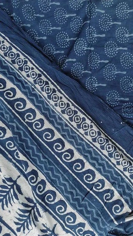 Indigo Bouquet - Dabu Hand Block Print Mulmul Cotton Bagru Saree - Image 9