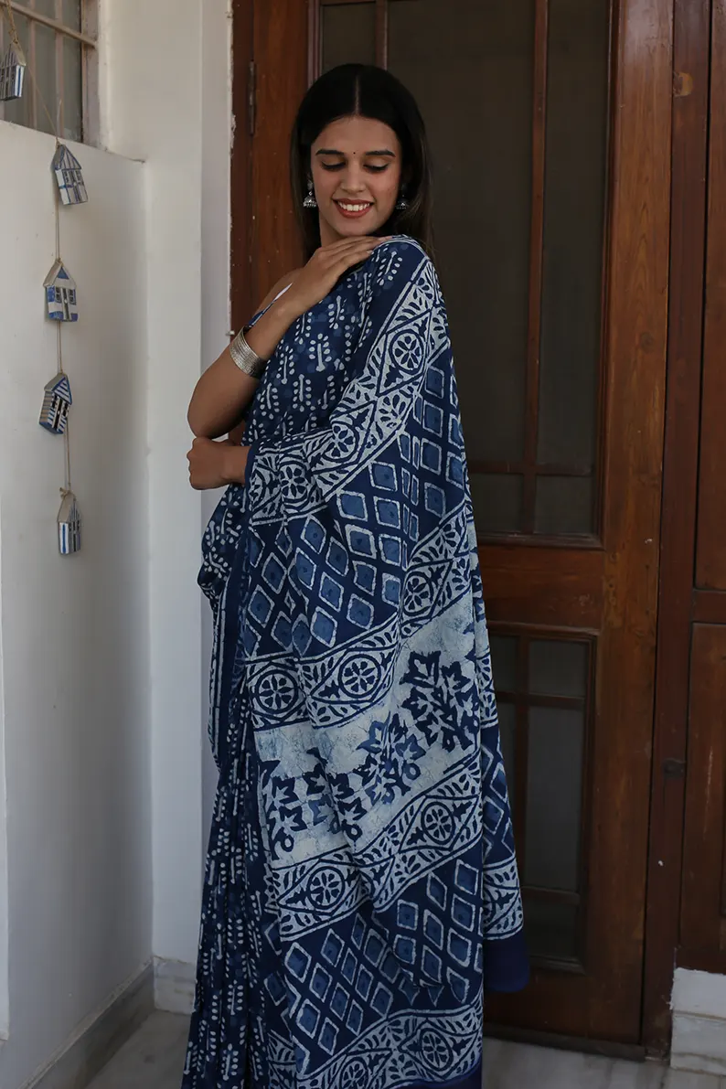 Indigo Dazzle - Dabu Hand Block Print Mulmul Cotton Bagru Saree - Image 3