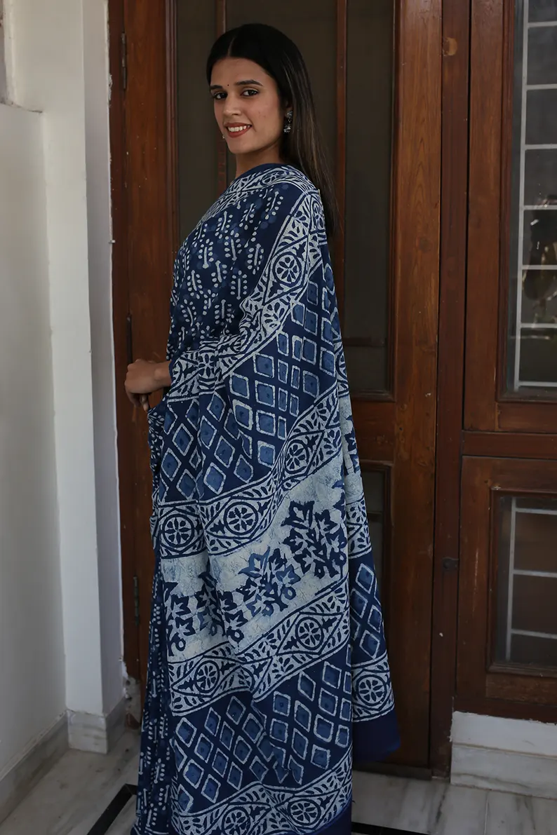 Indigo Dazzle - Dabu Hand Block Print Mulmul Cotton Bagru Saree - Image 4