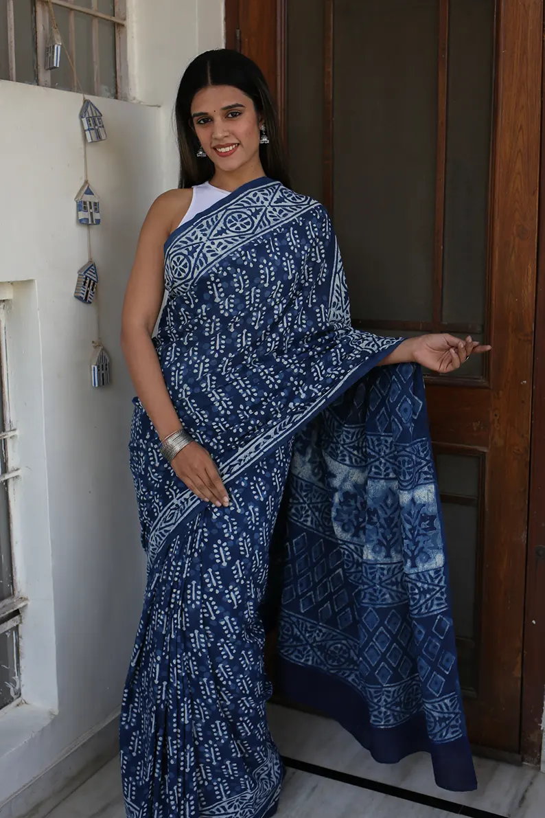 Indigo Dazzle - Dabu Hand Block Print Mulmul Cotton Bagru Saree - Image 5