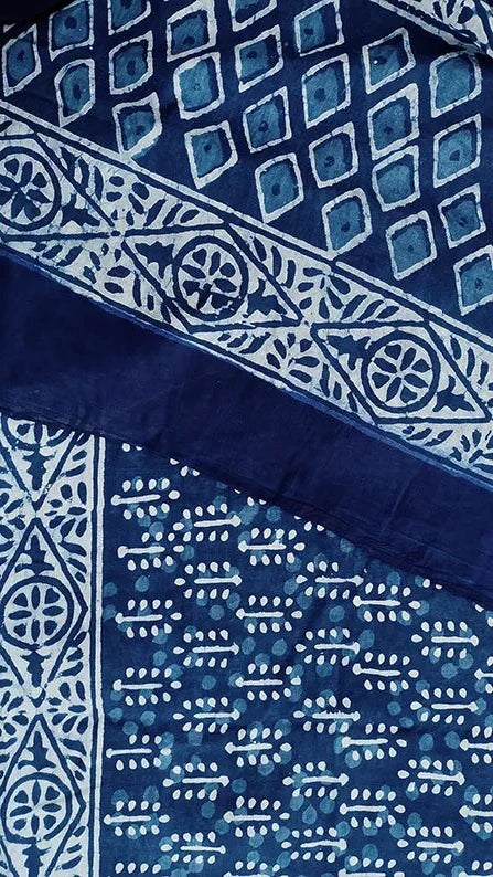 Indigo Dazzle - Dabu Hand Block Print Mulmul Cotton Bagru Saree - Image 6