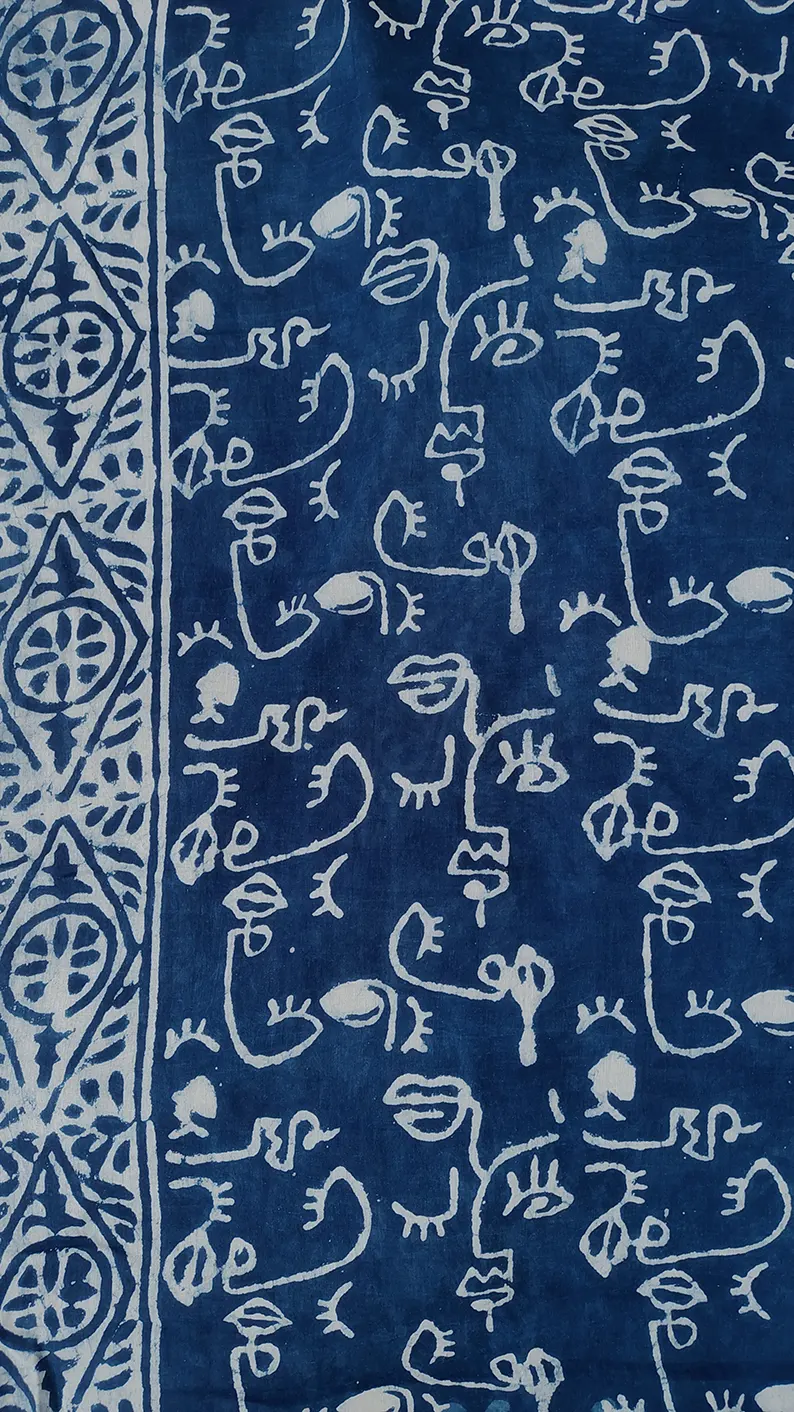Indigo Dazzle - Dabu Hand Block Print Mulmul Cotton Bagru Saree - Image 7