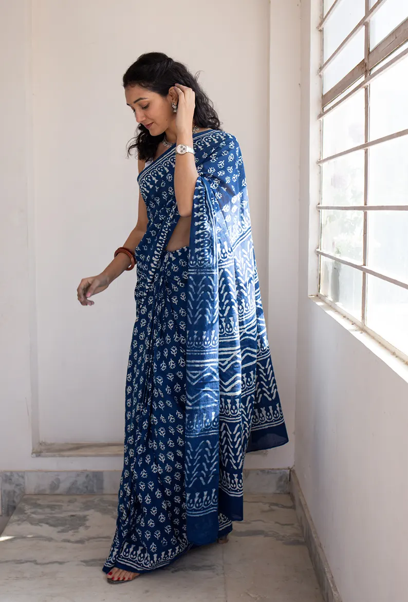 Indigo Florals - Dabu Hand Block Print Mulmul Cotton Bagru Saree - Image 3