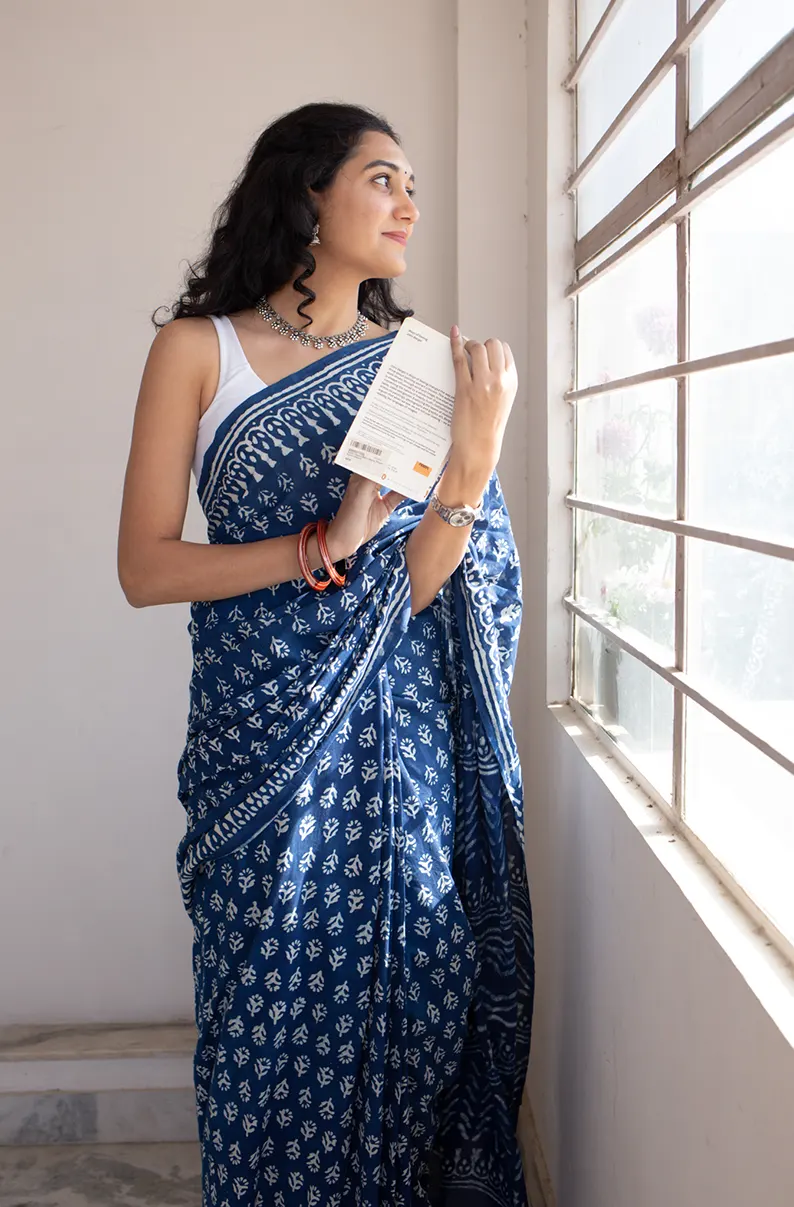 Indigo Florals - Dabu Hand Block Print Mulmul Cotton Bagru Saree - Image 4