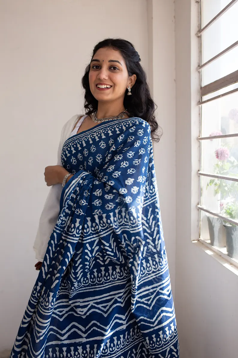 Indigo Florals - Dabu Hand Block Print Mulmul Cotton Bagru Saree - Image 5