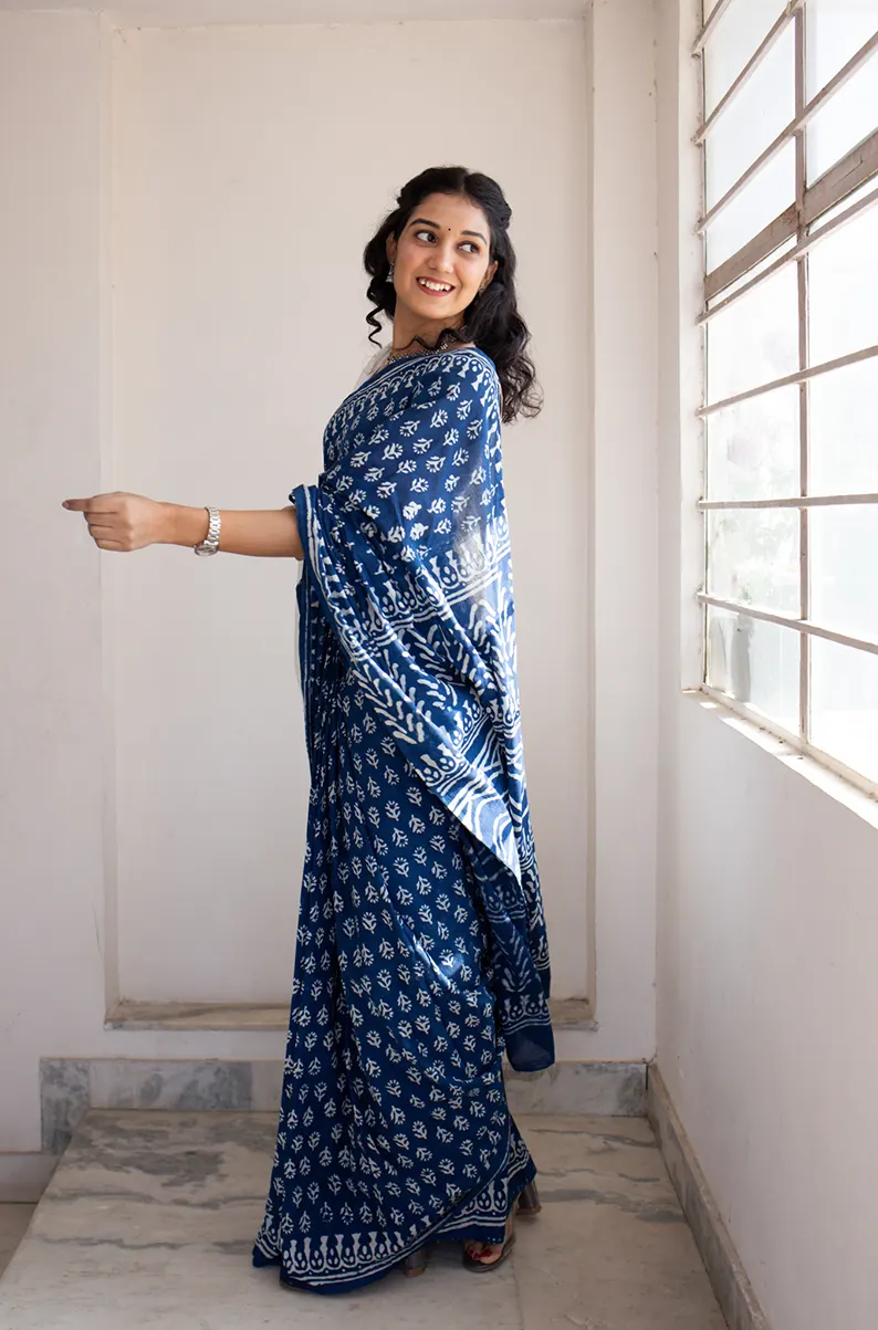Indigo Florals - Dabu Hand Block Print Mulmul Cotton Bagru Saree - Image 6